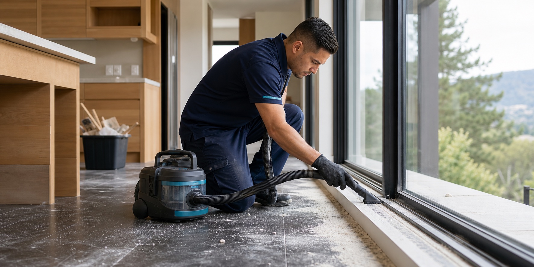 Professional cleaner removing post-construction dust from a Los Gatos window track