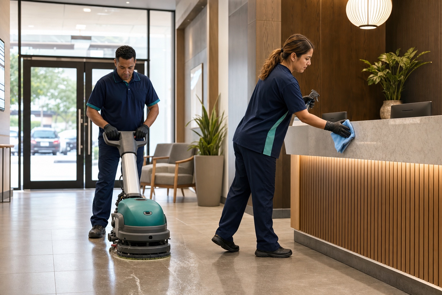Professional team cleaning a commercial property