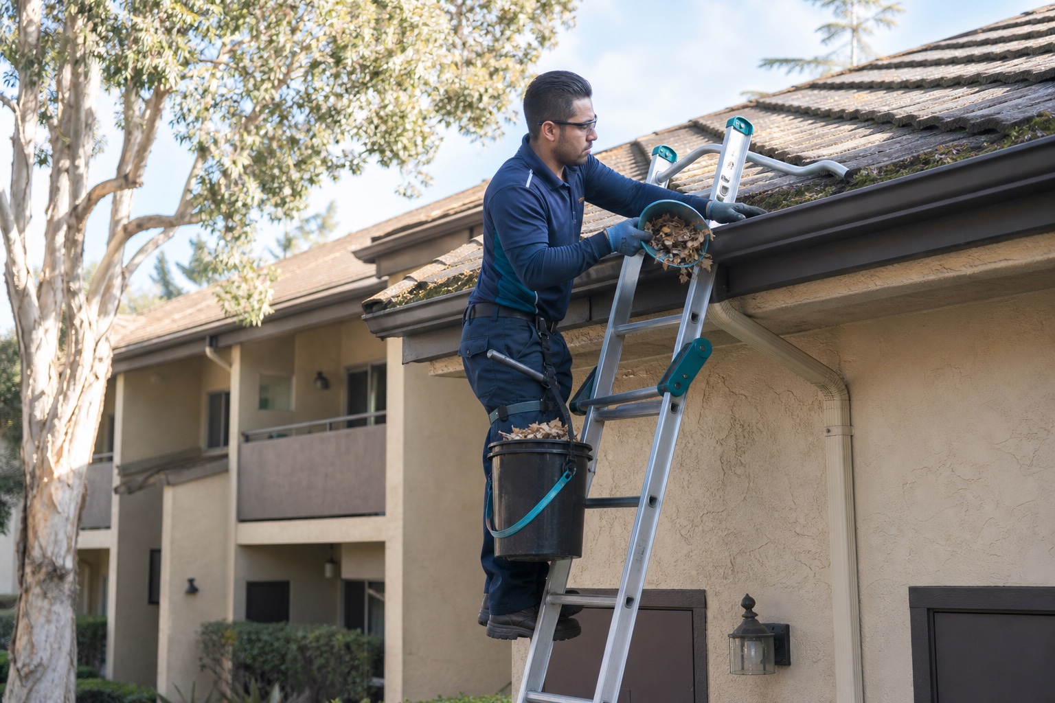 Gutter and roofline prepared for professional cleaning