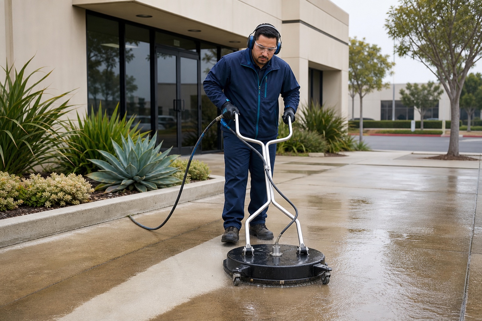 Professional pressure washing on an exterior hard surface